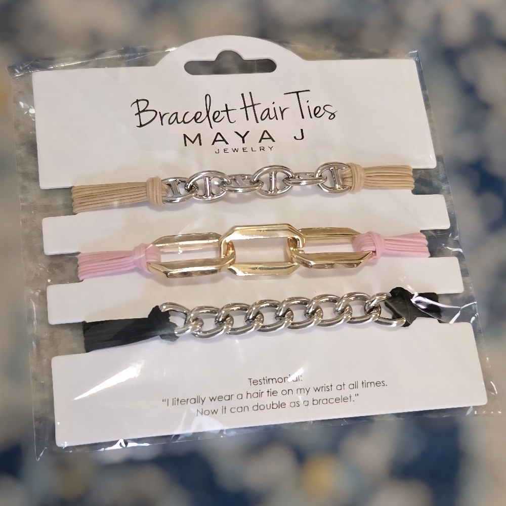 Maya J Bracelet Hair Ties Set Of 3 Silver & Gold Chain Link Beige Pink Black